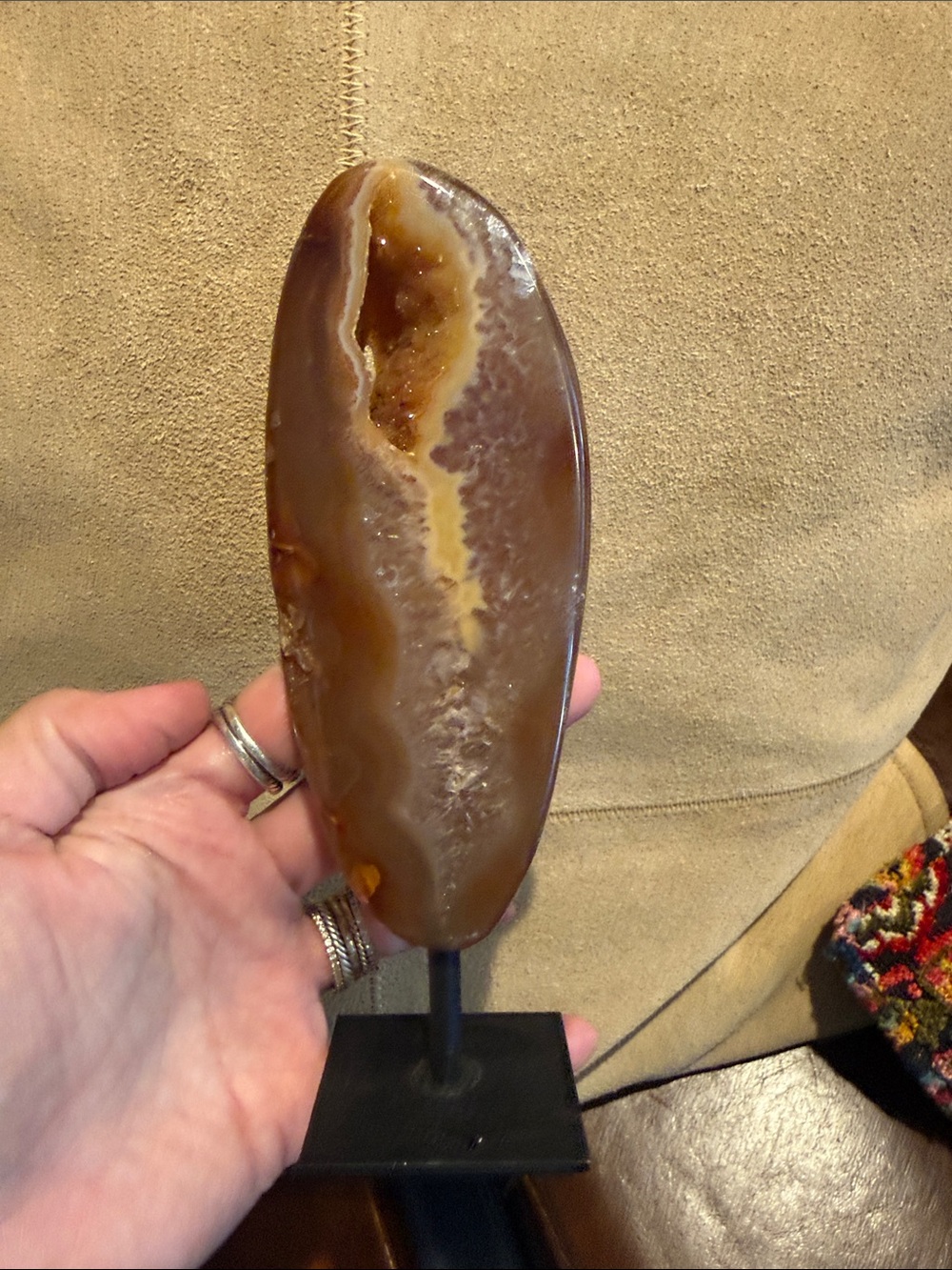 Artisan Brown and Cream Agate Sculpture w/ Druzy on Stand - Picture 1 of 10